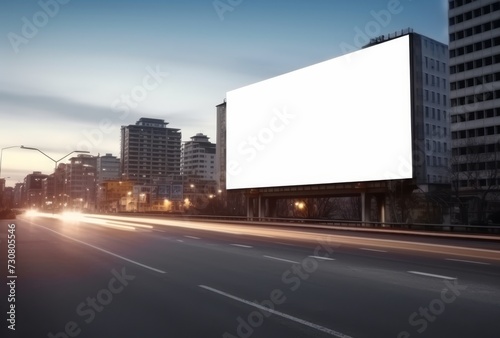 Blank billboard on the highway during the twilight with city background with clipping path on screen for display your products or promotional