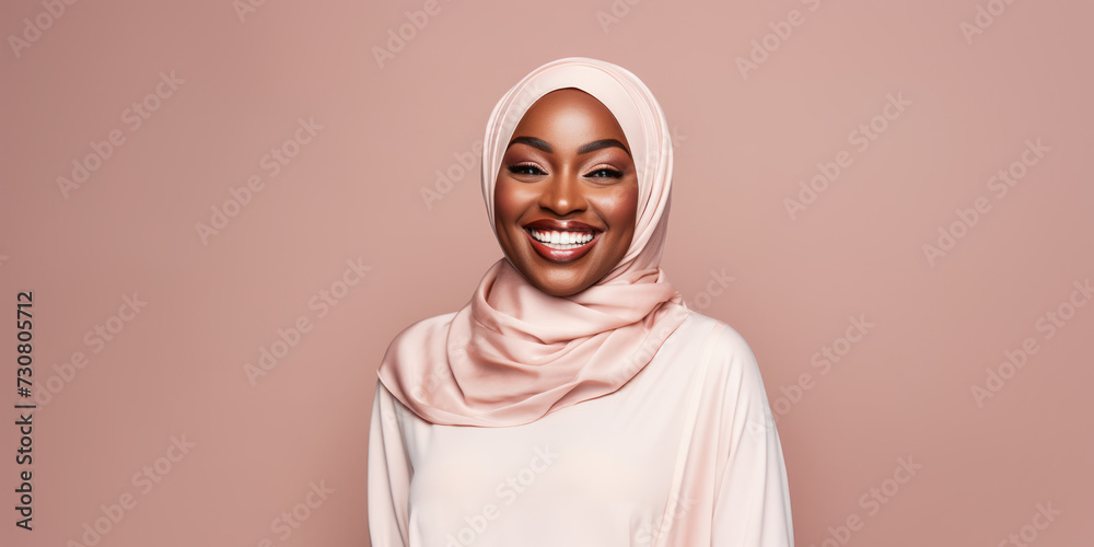 Smiling woman in pink hijab on beige background. Fashion and confidence concept. Generative AI Smiling woman in pink hijab on beige background. Fashion and confidence concept. Generative AI