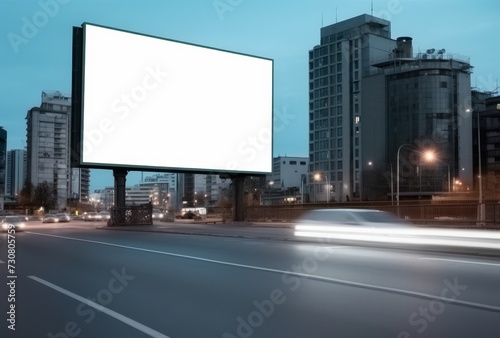 Blank billboard on the highway during the twilight with city background with clipping path on screen for display your products or promotional