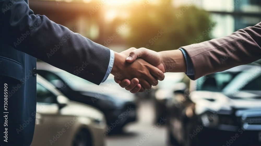 Close up hand of Customer shake hand with auto insurance agents after agreeing to terms of insurance with blurred car on background. - obrazy, fototapety, plakaty 