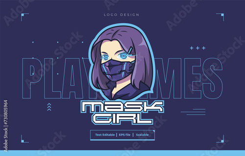 Mask Girl mascot logo esport illustration. Mask Girl Head Mascot Logo for Esport. Mask Girl Logo.	
