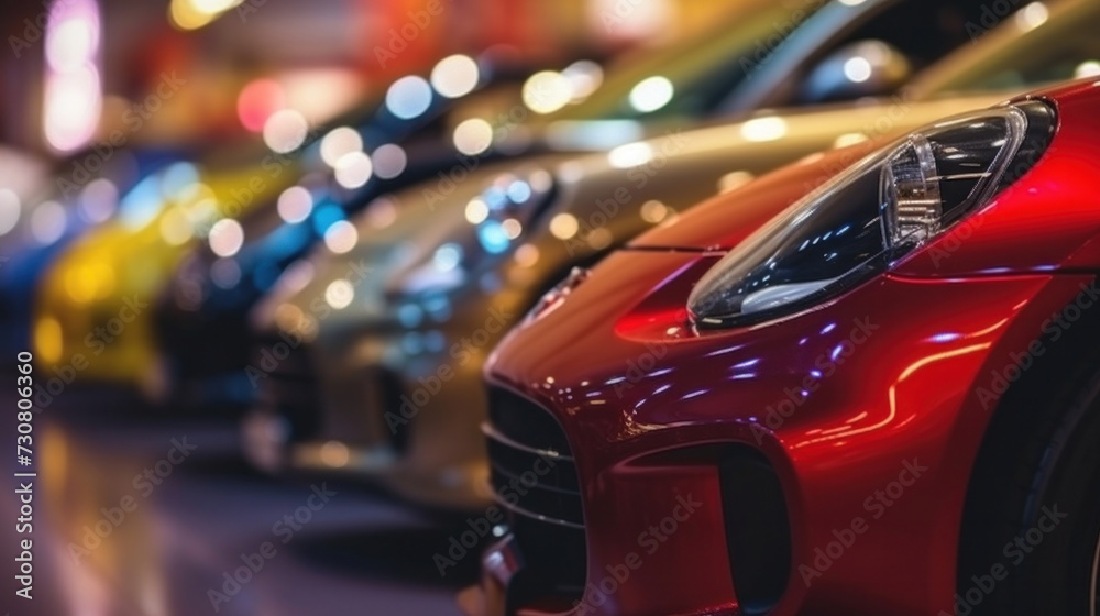 Close up of New cars display in luxury showroom with light bokeh in motor show event.