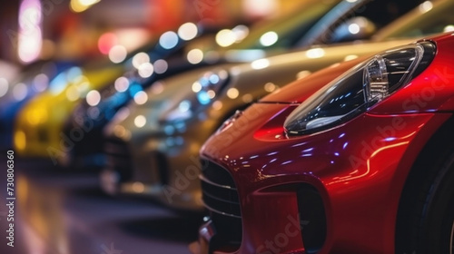 Close up of New cars display in luxury showroom with light bokeh in motor show event. © tong2530