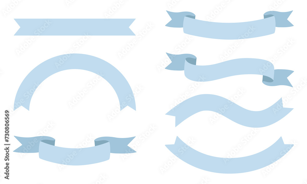 Vector set of blue flat ribbons of different shapes isolated on a white background. Wavy, straight ribbon, semicircular, curling ribbon. Ribbon template for design.