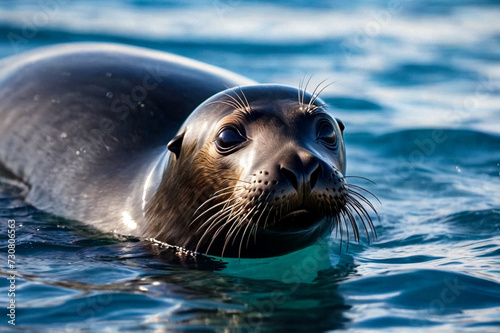 Galapagos fur seal (Arctocephalus galapagoensis) swimming in tropical underwaters. Close up lion seal in under water world. Observation of wildlife ocean. Scuba diving adventure in Ecuador coast © Alex Vog