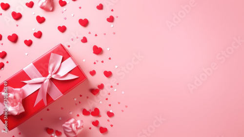 Top view photo of trendy gift boxes with ribbon bows and red rose on isolated pastel color background