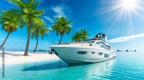 A luxury yacht anchored near a sandy beach with palm trees under a clear blue sky, suggesting an idyllic travel vacation. Ai generative © ImageFlow