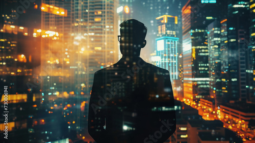 businessman, duble exposure with the sightly skyscraper, night city background © wiparat