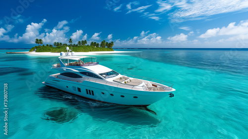 A yacht is on the clear blue ocean water near a tropical island, symbolizing a luxury vacation or travel. Ai generative