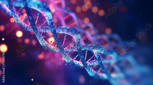 A bright close up microscopic photo of a DNA spiral. Genome microphotography healthcare or science concept. photo