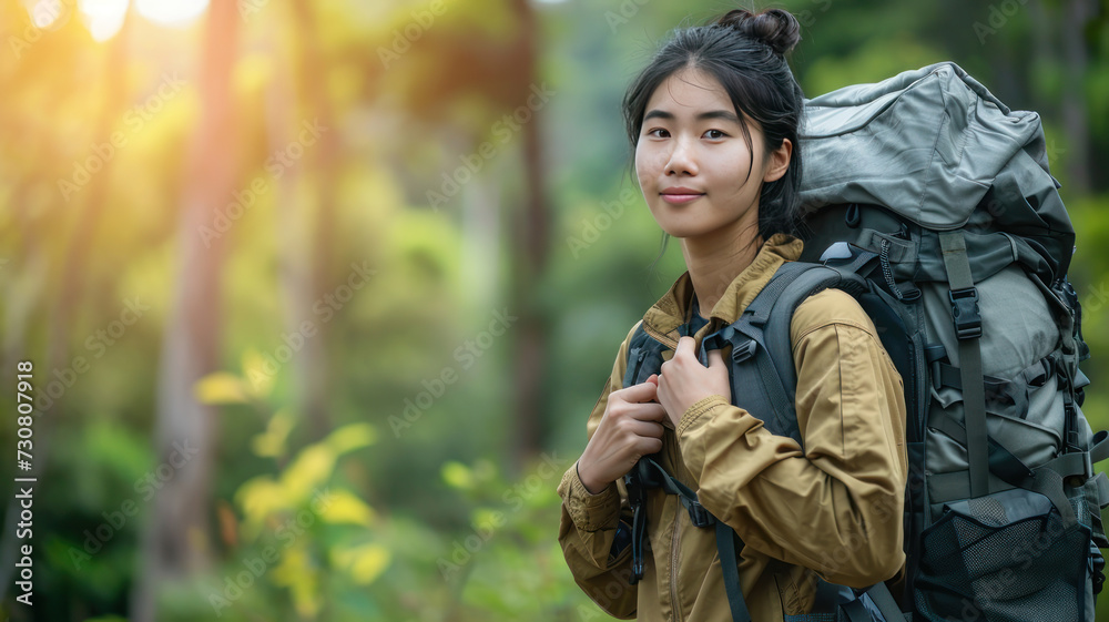 Young Asian traveling backpacker in forest