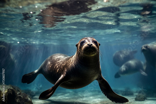 Galapagos fur seal (Arctocephalus galapagoensis) swimming in tropical underwaters. Lion seal in under water world. Observation of wildlife ocean. Scuba diving adventure in Ecuador coast