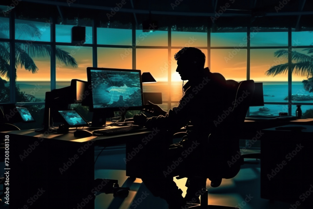 A military surveillance officers working with computer screen in central o