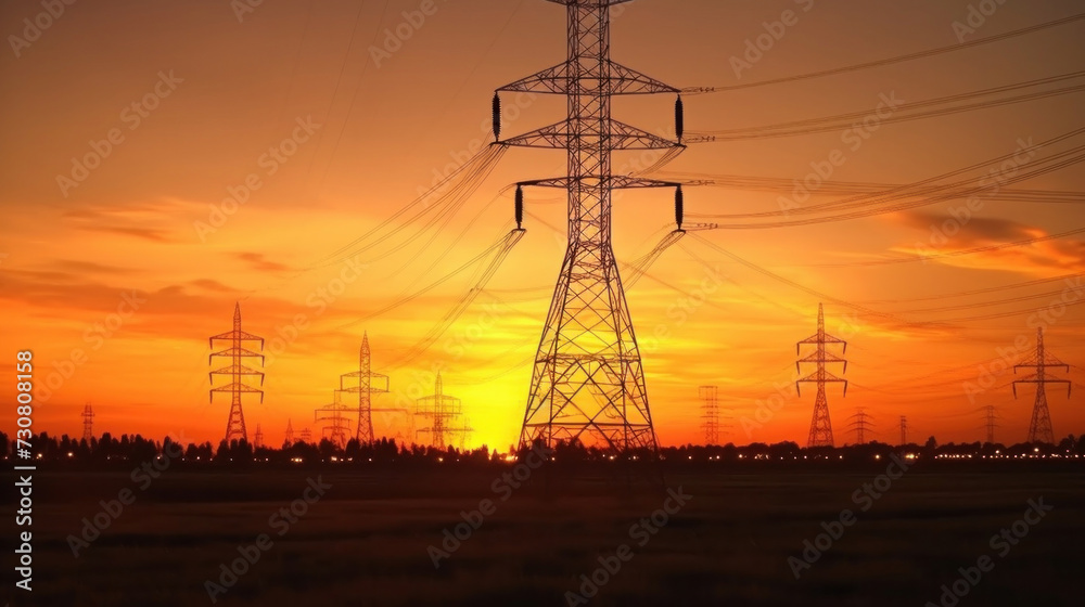 Silhouette of High voltage electric tower at sunset.