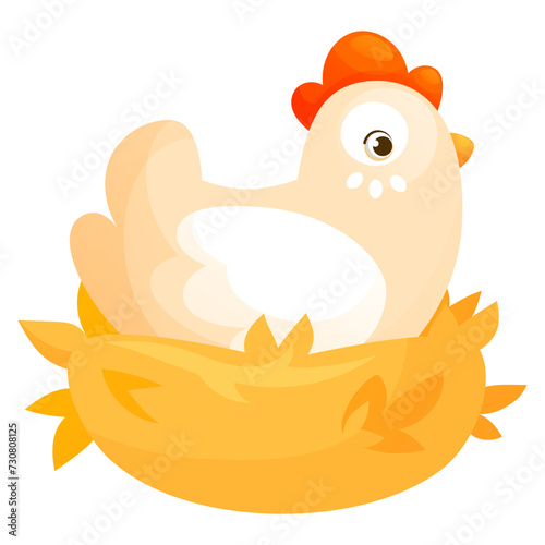 Cartoon hen sitting in the nest, hen laying eggs. Vector illustration of a farm bird - chicken in a straw nest on a white background. Happy easter. Illustration for cards, childrens books, posters.