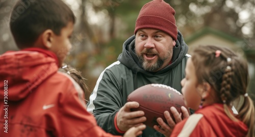 Elementary school coach playing American football with his students outside. © radekcho