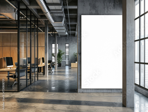 Modern office interior with a large blank white billboard on a wall, framed by a window and a concrete pillar. Ai generative