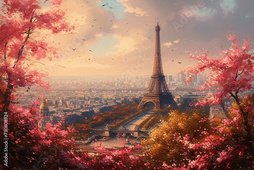 Springtime in Paris: Cherry Blossoms and Eiffel Tower Generative AI
