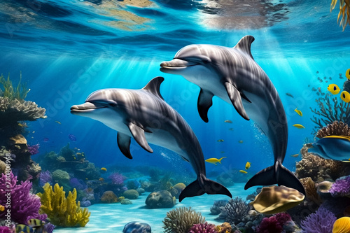 Dolphin (Delphinidae) mammal swimming in tropical underwaters. Two Dolphins in underwater wild world. Observation of wildlife ocean. Scuba diving adventure in Ecuador coast. Copy text space