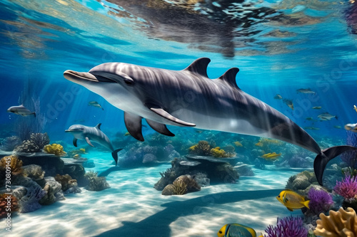 Dolphin (Delphinidae) mammal swimming in tropical underwaters. Two Dolphins in underwater wild world. Observation of wildlife ocean. Scuba diving adventure in Ecuador coast. Copy text space © Alex Vog