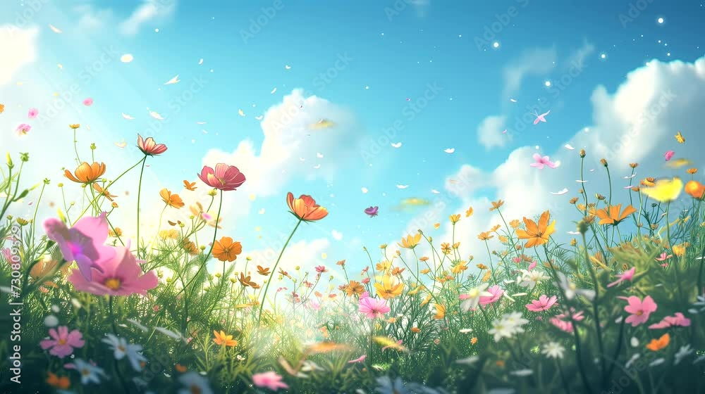 A field of beautiful wildflowers. Fantasy landscape anime or cartoon style, seamless looping 4k time-lapse virtual video animation background