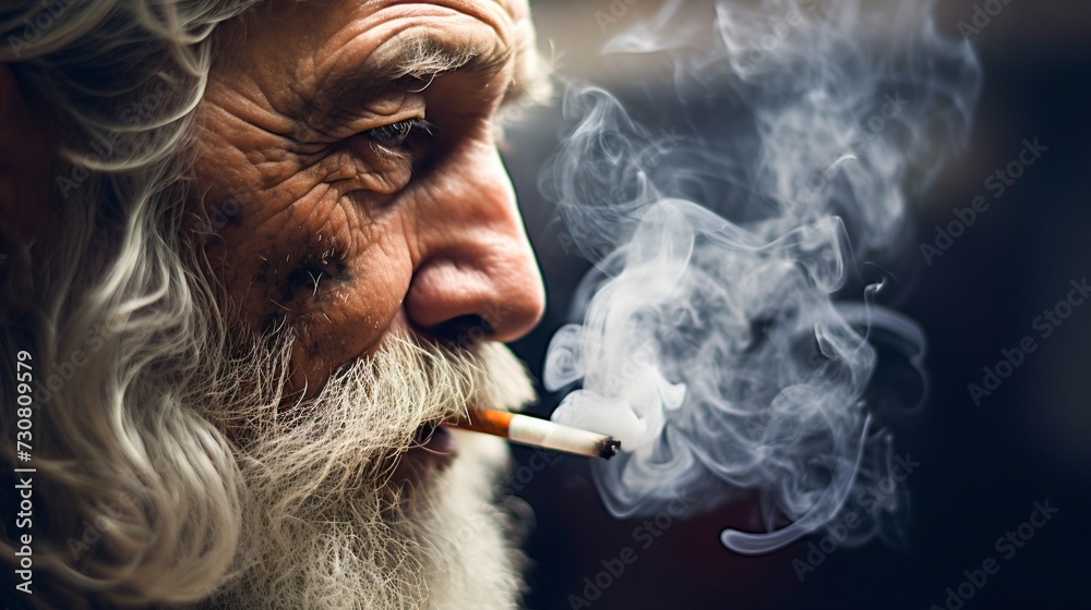 Fototapeta premium Elderly Man Lighting a Cigarette in the Dark. Generative ai