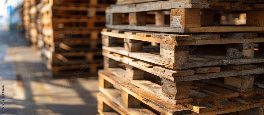 Wooden pallets ready for heavy load transportation stacked in racks.