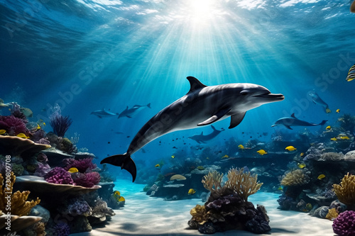 Dolphin (Delphinidae) mammal swimming in tropical underwaters. Silhouette Dolphin in underwater wild animal world. Observation of wildlife ocean. Scuba diving adventure in Ecuador coast. Copy space © Alex Vog