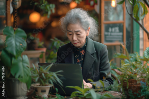 Mature Businesswoman Working on Laptop at Cafe Table Surrounded by Green Plants