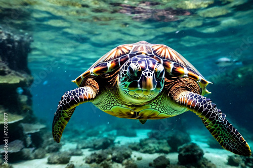 Green sea Turtle  Testudines  mammal swimming in tropical underwaters. Turtles in underwater wild animal world. Observation of wildlife ocean. Scuba diving adventure in Ecuador coast