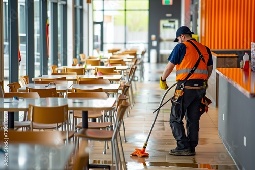 Janitorial Services at Work in a Public Dining Area. Generative ai