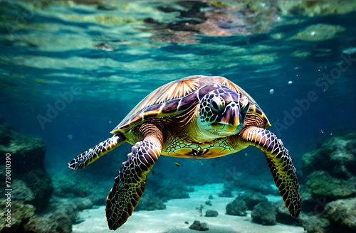 Green sea Turtle (Testudines) mammal swimming in tropical underwaters. Turtles in underwater wild animal world. Observation of wildlife ocean. Scuba diving adventure in Ecuador coast © Alex Vog