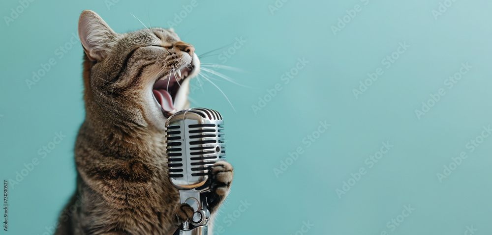 Funny and emotional cat artist singing and holding a ball of yarn. Copy space for text - obrazy, fototapety, plakaty 