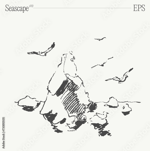 Seascape with rocks and flying seagulls. Hand drawn vector illustration, sketch.