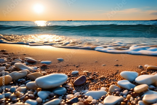 Golden Sunset on Seashore with Waves