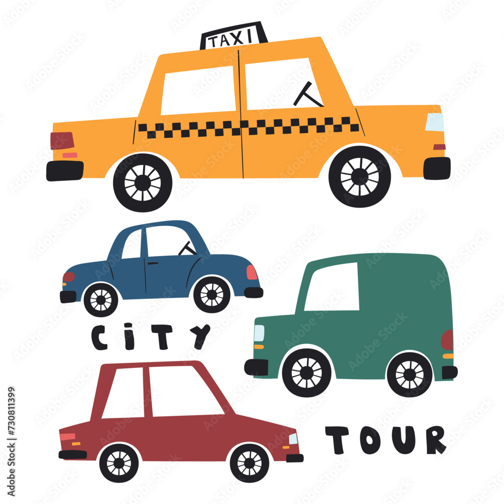 illustration of a taxi and vehicles illustration of a taxi and vehicles