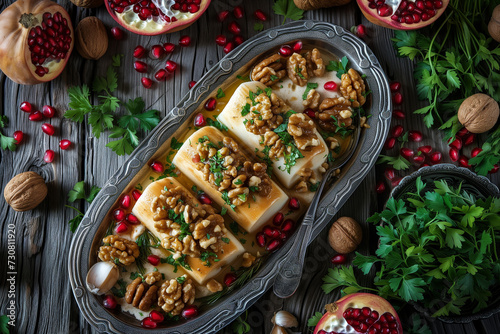 Pomegranate cheese with nuts and parsley on a wooden background