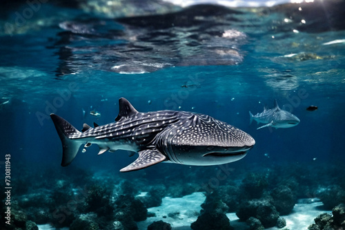 Whale shark (Rhincodon typus) mammal swimming in tropical underwaters. Shark in underwater wild animal world. Observation of wildlife ocean. Scuba diving adventure in Ecuador coast. Copy text space © Alex Vog