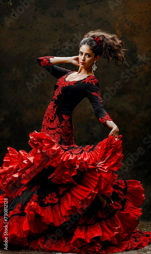 Beautiful Spirited Spanish Woman Dancing Flamenco with a Beautiful Dress Traditional Spain Folklore Wallpaper Digital Art Magazine Background Poster Card