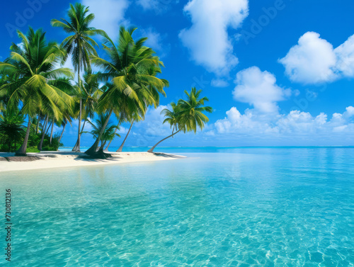 tropical beach in Maldives with few palm trees and blue lagoon © koala studio