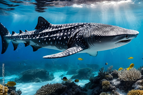 Whale shark (Rhincodon typus) mammal swimming in tropical underwaters rear view. Shark in underwater wild animal world. Observation of wildlife ocean. Scuba diving adventure in Ecuador coast