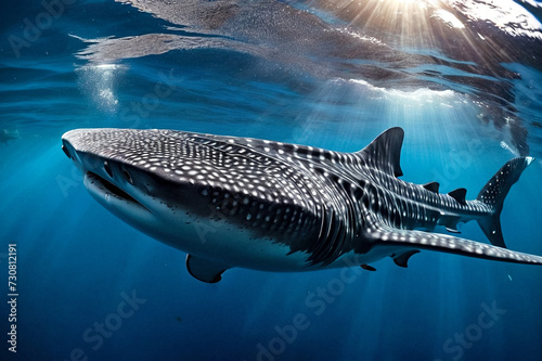 Whale shark  Rhincodon typus  mammal swimming in tropical underwaters rear view. Shark in underwater wild animal world. Observation of wildlife ocean. Scuba diving adventure in Ecuador coast