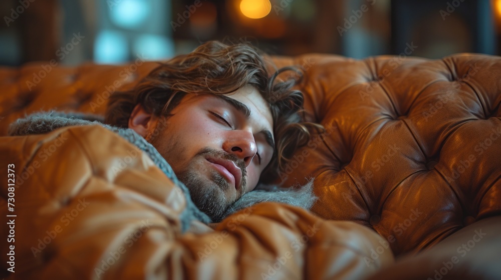 Obraz premium portrait of a man sleeping in the bed covered with blanket, handsome, trendsetter