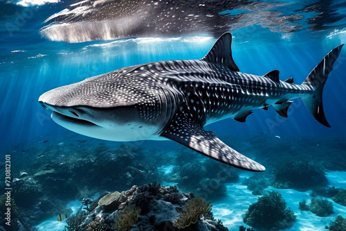 Whale shark  Rhincodon typus  mammal swimming in tropical underwaters rear view. Shark in underwater wild animal world. Observation of wildlife ocean. Scuba diving adventure in Ecuador coast