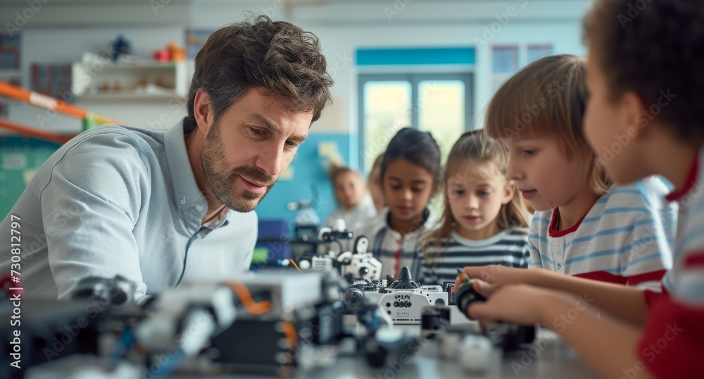 Elementary school coding, female teacher demonstrates mechanical robot ...