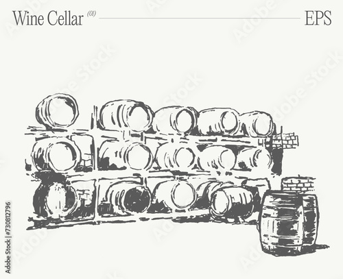 A wine cellar showcasing stacked barrels. Hand drawn vector illustration, sketch.