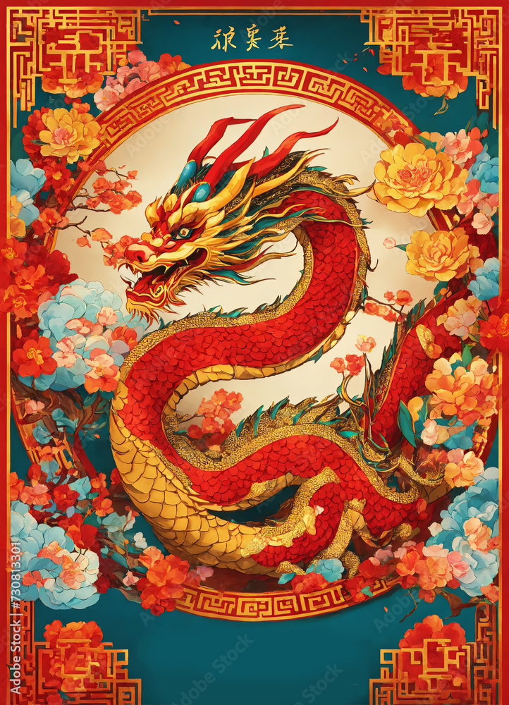 Year of the Dragon, Chinese New Year Festival, New Year Celebration. Generative AI.