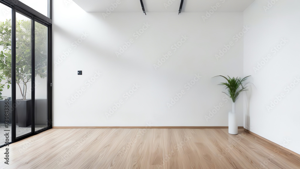 Fototapeta premium 3D rendering large blank wall with small plant interior room ai generated