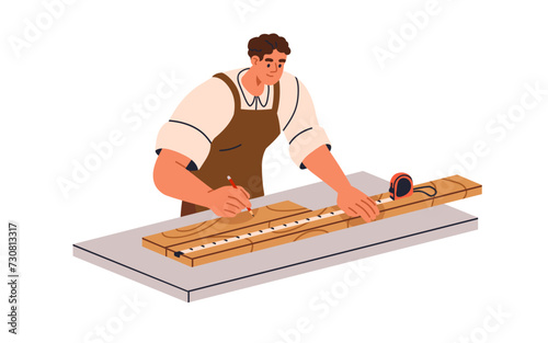 Carpenter, woodwork. Artisan measuring wooden plank with measurement tape. Carpentry, joinery, wood work, hardwood processing at workshop. Flat vector illustration isolated on white background