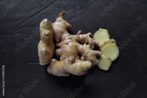 Top view herbal ginger isolated on black background 